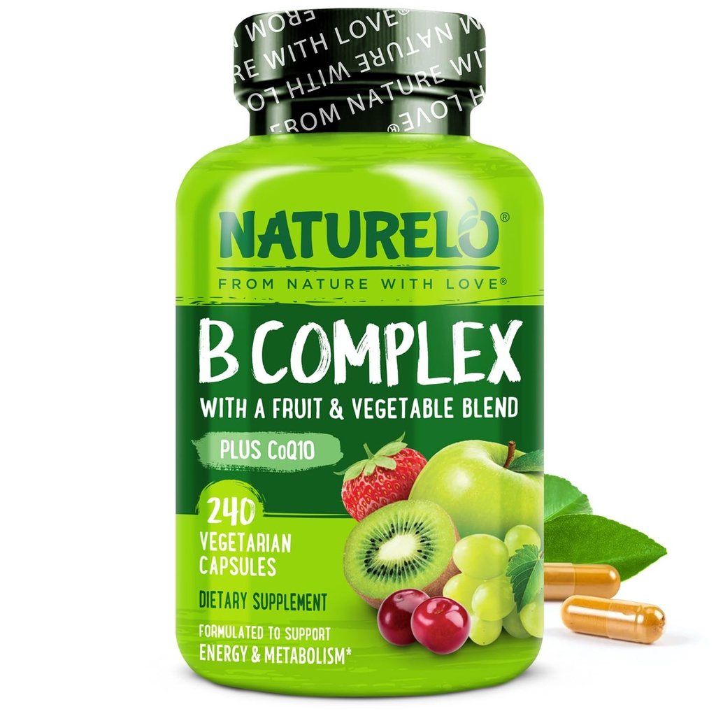 NATURELO Vitamin B Complex, 240 Capsules, Vegan, CoQ10, Methyl Folate, Biotin, Fruit & Veg Blend, Supports Energy and Healthy Stress Response, Super B Complex Vitamins for Women and Men