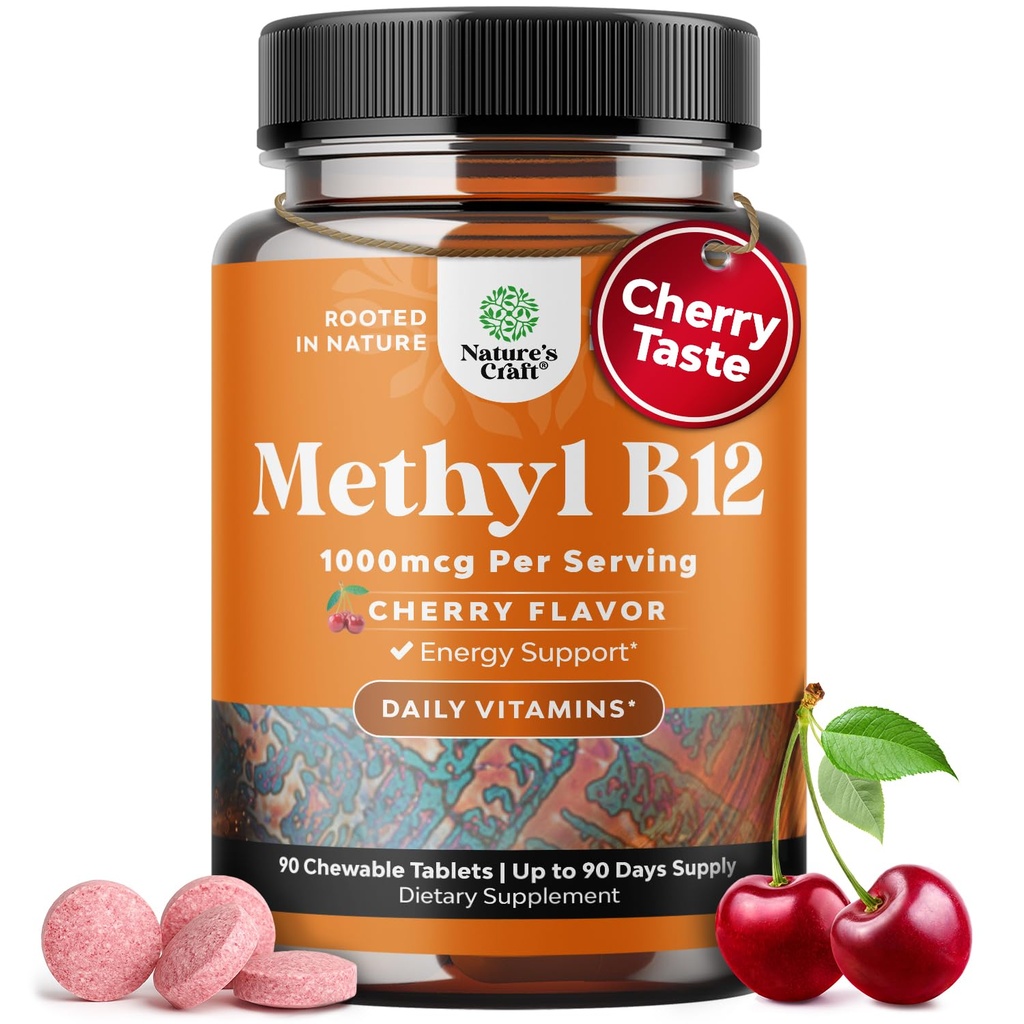 Chewable B12 Vitamin 1000mcg - Vitamin B12 for Brain Function & Energy - Uplift Mood with Methylcobalamin - Bone & Eye Health - Supports Mental Clarity & Skin Care - Cherry Flavor - 60 Count