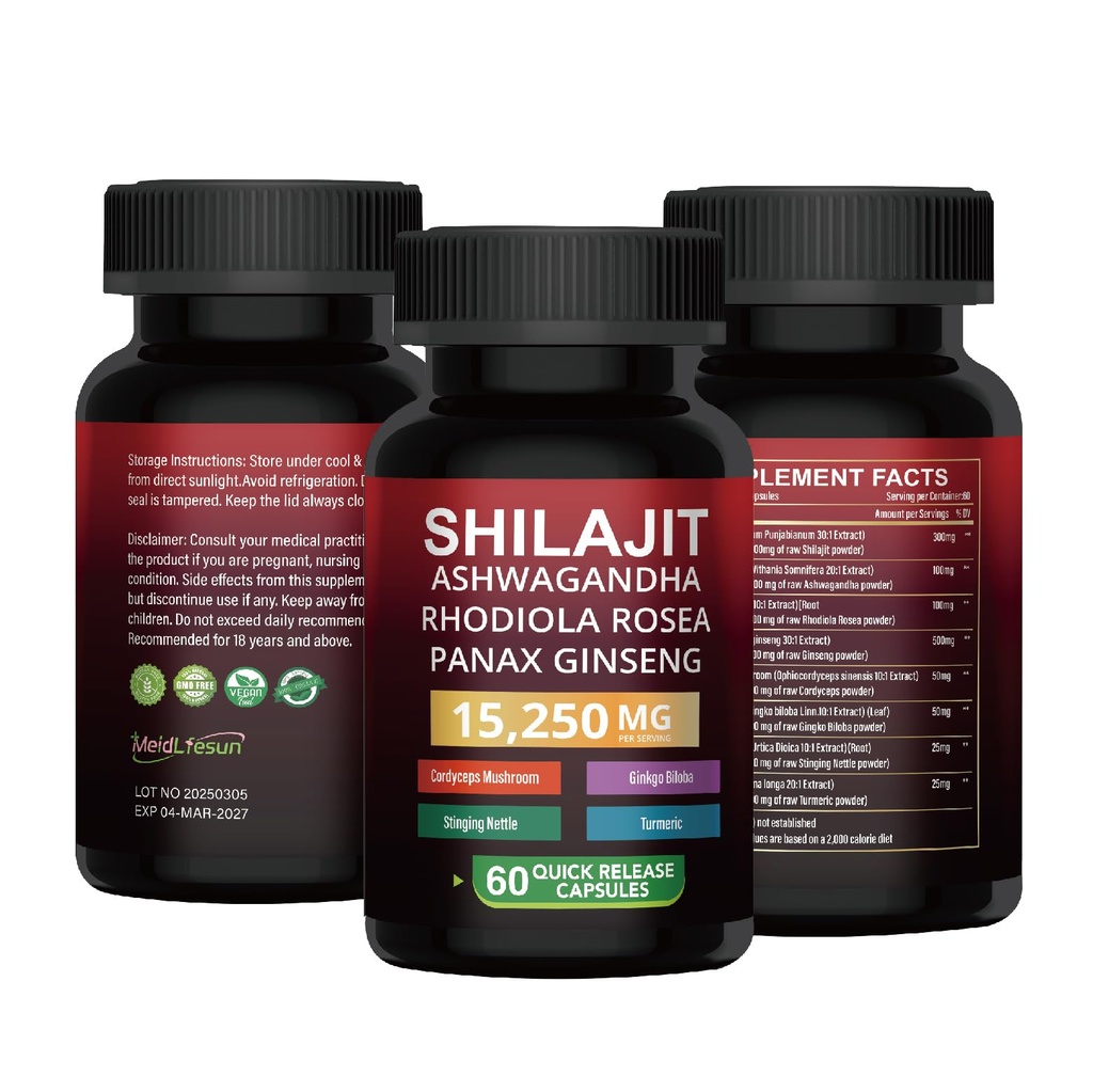 Organic Himalayan Shilajit Capsules 8-in-1 for Energy & Stamina - 60 Vegan Capsules with Ashwagandha, Rhodiola, Ginseng | USDA Organic, Non-GMO, Gluten-Free