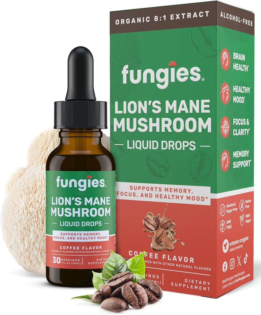Fungies Lion's Mane Mushroom Liquid Drops, Café - Tintura com Lions Mane Extract Suporta Nevoeiro Cérebro, Foco, Memória e Mood Saudável - Suplemento Complexo de Cogumelos para Adultos - 30 Servings