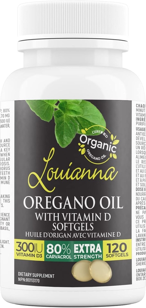 Louanna - Petroli Oregano de l' Oregano amb Vivana D, Suadgel Capules amb 80 per cent Carvarol, ajuda als teus Ossos, Imune i Gut Salut, Hebals suplementaris, 120 Softgelis