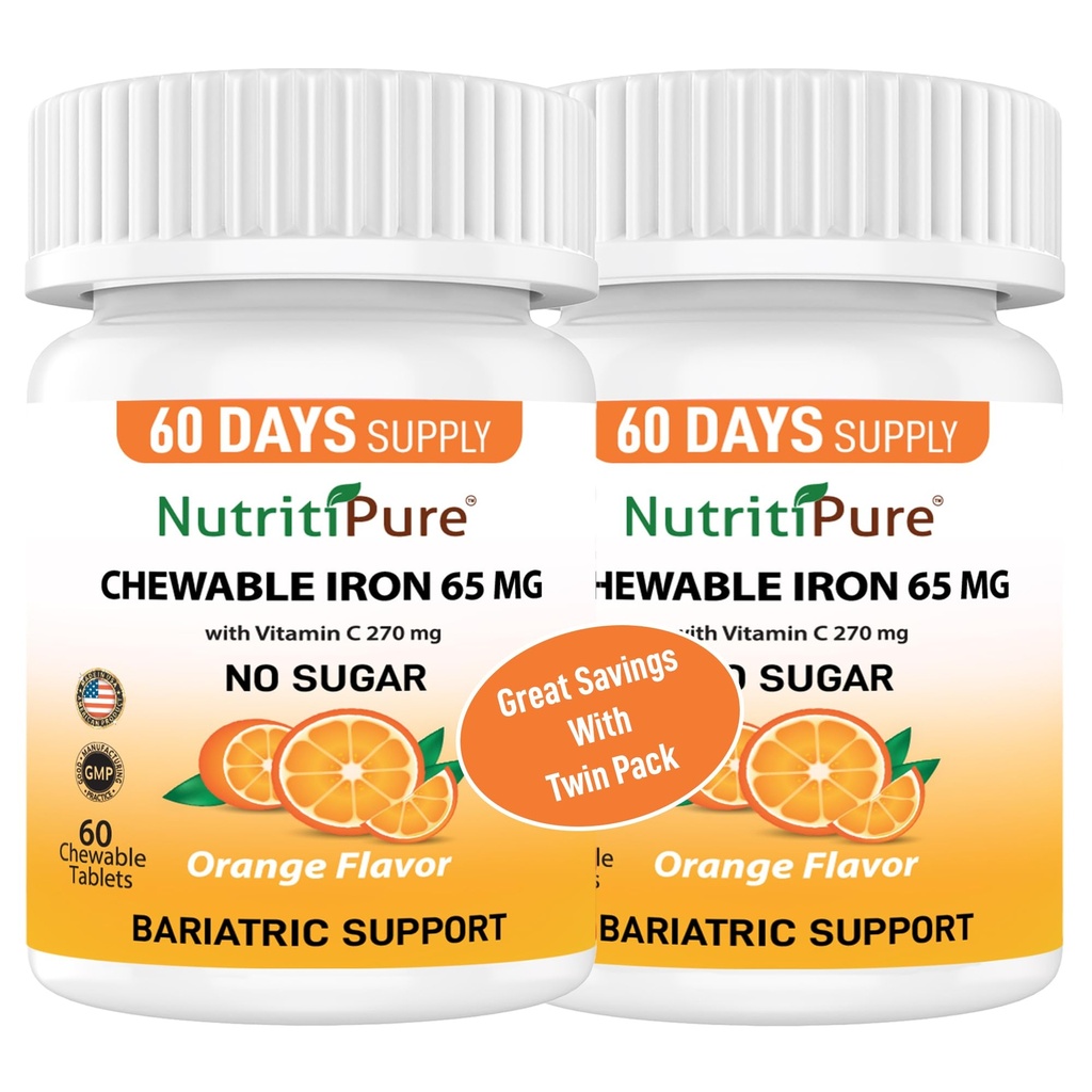 Carbonyl Iron 65mg Chewable Tablets with 270mg Vitamin C – Gentle, Non-Constipating Iron Supplement for Women & Men – Bariatric Friendly – Sugar Free – 2 x 60 Count (120 Day Supply)