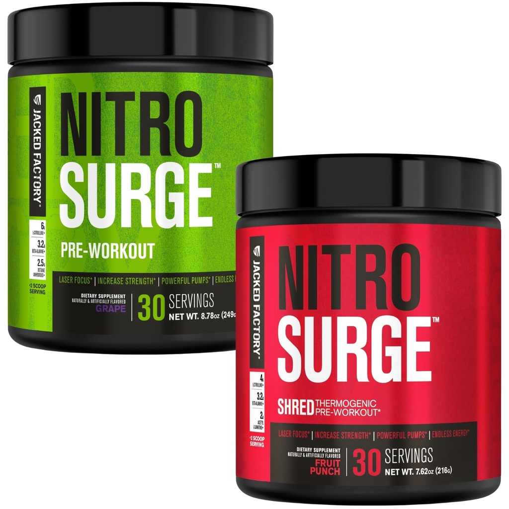 Jacked Factory Nitrosurge Pre-Workout in Grape & Fruit Punch Nitrosurge Shred Thermogenic Pre-Workout for Men & Women
