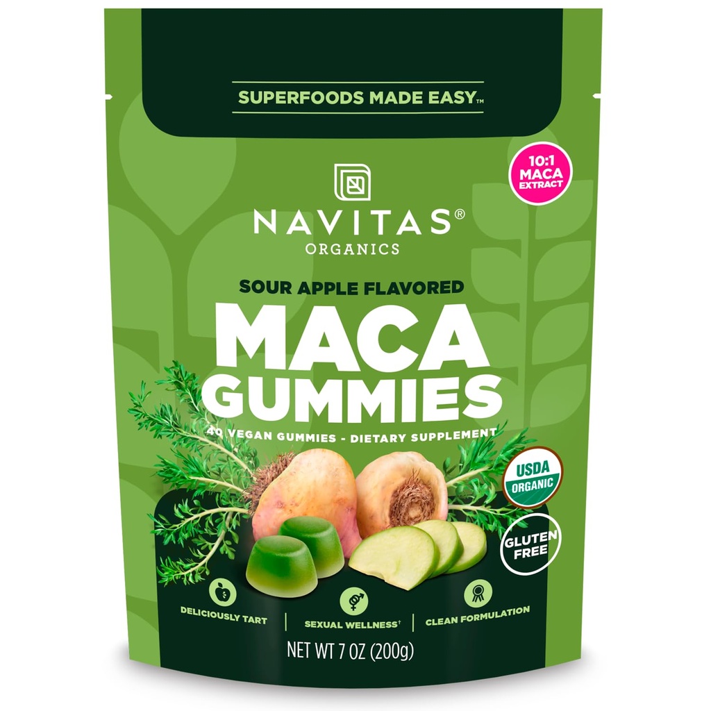 Navitas Organics Gummies – Sour Apple Maca Gummies – 10:1 Maca Extract – Sexual Wellness – USDA Organic, Vegan, Gluten Free, Non GMO (7oz. Bag, 20 Servings)