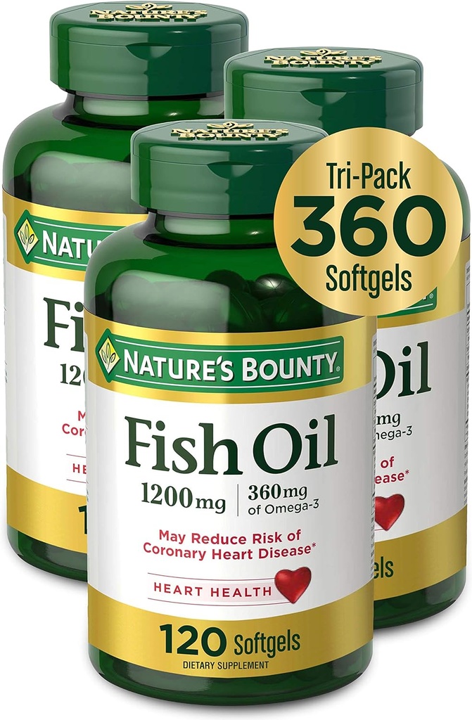 Nature's Bounty Fish Oil, 1200mg, 360mg de Omega-3, 120 (3 Pack, 360 Total) Softgels 120
