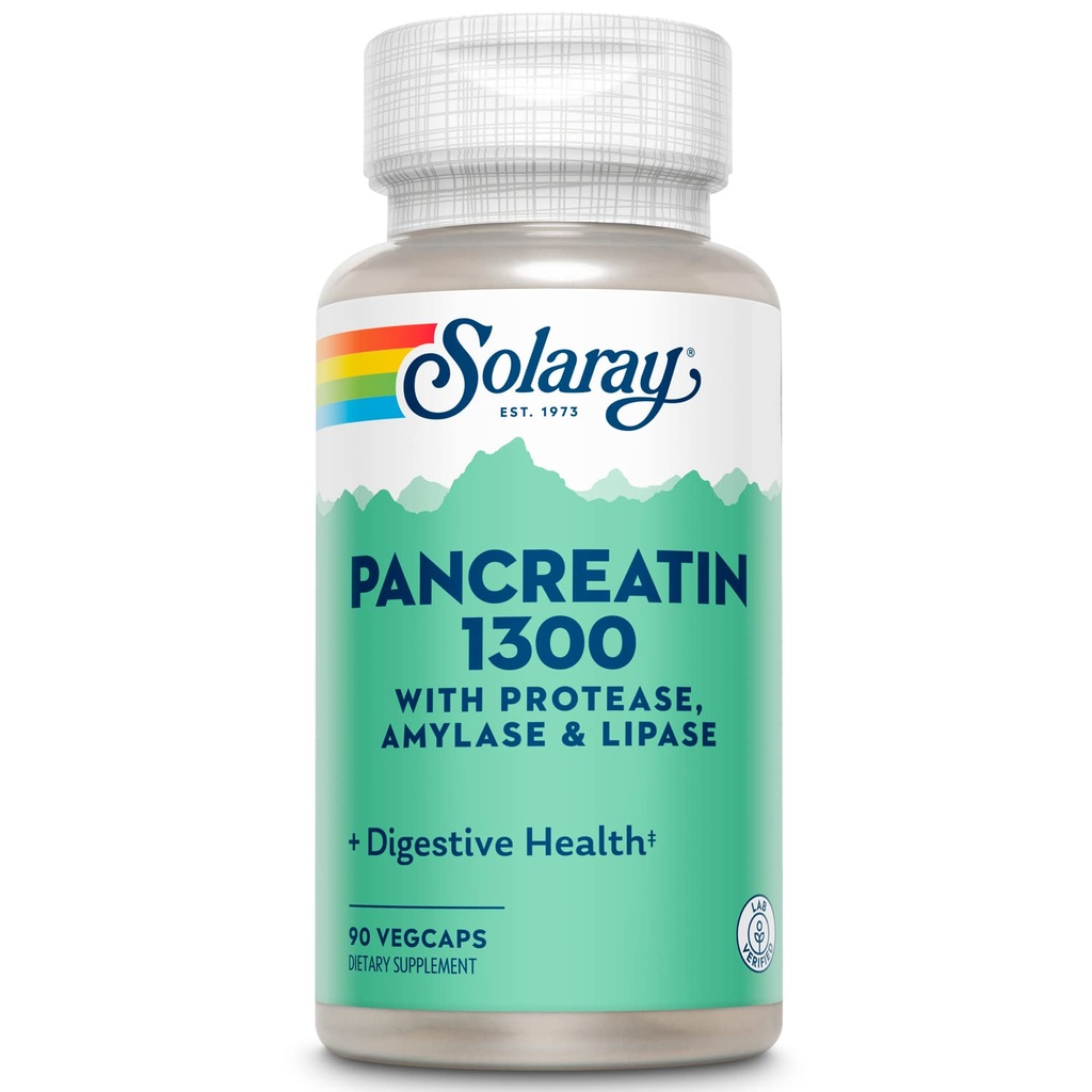 SOLARAY Pancreatin 1300, Pancreatic Digestive Enzymes with Protease, Amylase and Lipase, Plus Papain - Digestion Health Support, Lab Verified, 60 Day Guarantee, 90 Servings, 90 VegCaps