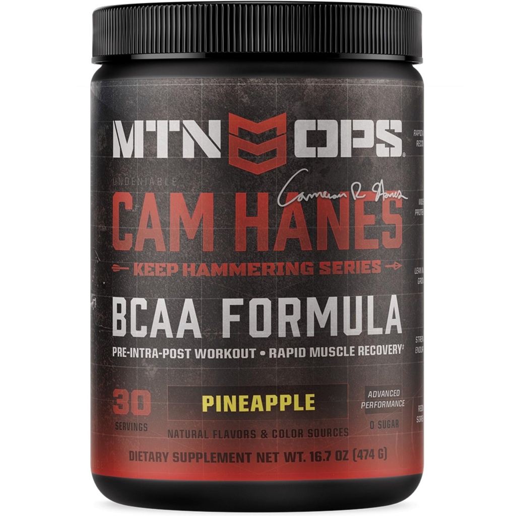 MTN OPS BCAA Powder 2:1:1 Amino Acids Supplement Powder for Rapid Muscle Recovery & Repair with Zero Sugar & Gluten Free - 30-Servings, Pineapple, Cameron Hanes Keep Hammering Series