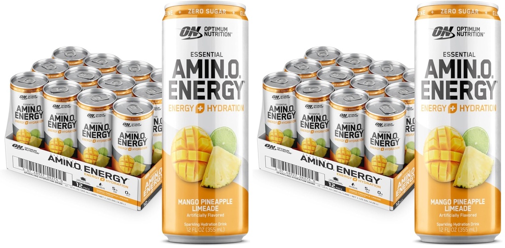 Optimum Nutrition Amino Energy Sparkling Hydration Drink,Electrolytes,Caffeine,Amino Acids,BCAAs,Sugar Free,Mango Pineapple Limeade,12 Fl Oz,(Packaging May Vary),12 Count (Pack of 2)