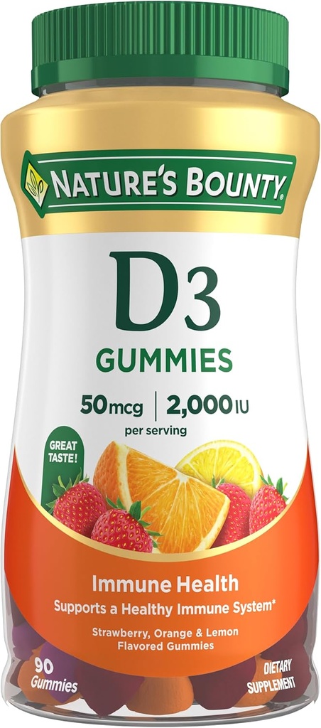 Thiên nhiên's Bounty vitamin D3 Gummies, hỗ trợ vitamin, Hỗ trợ sức khỏe Immune, 50mcg, 2000IU, Pha trộn trái cây Flavor, 90 Gummies