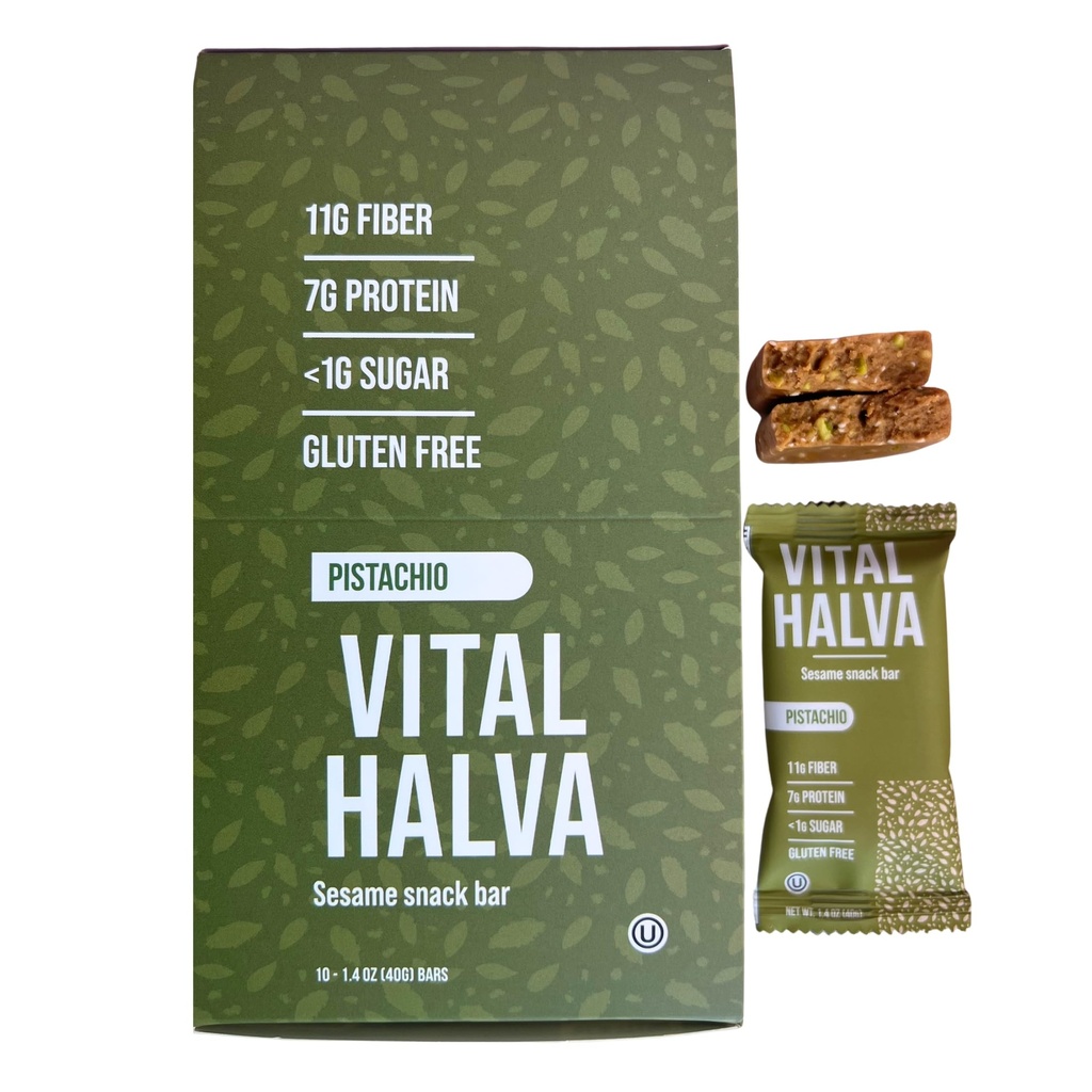 NEW FLAVOR: Pistachio, Vital Halva Gut-Friendly Sesame Bar, Fiber, Protein, Low Sugar, Gluten-Free Vegan Snack - 40g (Box of 10)