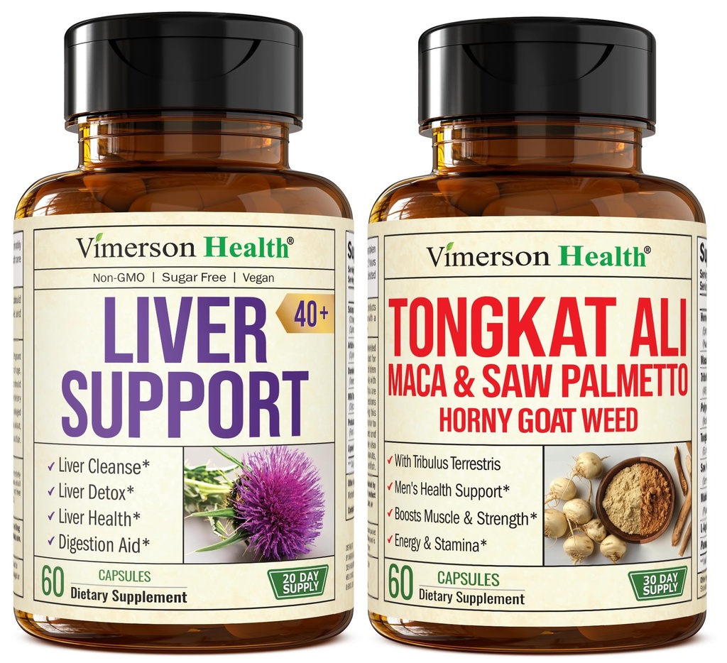 Vimerson Health Liver Cleanse Detox & Repair Milk Thistle Supplement for Older Adults & Tongkat Ali for Men with Horny Goat Weed, Maca Root Powder, Tribulus Terrestris, and Saw Palmetto 2-Pack Bundle