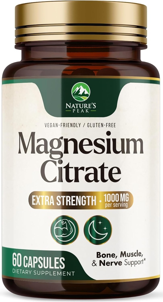 Magnesium Citrat 1000mg - Høy absorpsjon Magnesium Supplement støtter muskel, bein, nerve og hjerte helse - Ekstra styrke Magnesio Complex piller - Ikke-GMO, Premium Energi Formula - 60 Kapsler