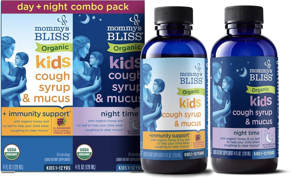 Bliss Organic Cough Syrup & Mucus per bambini, giorno e notte Combo Pack con vitamina C e supporto immunità, contiene miele organico e foglie d'edera, 4 Fl Oz (Pack of 2)