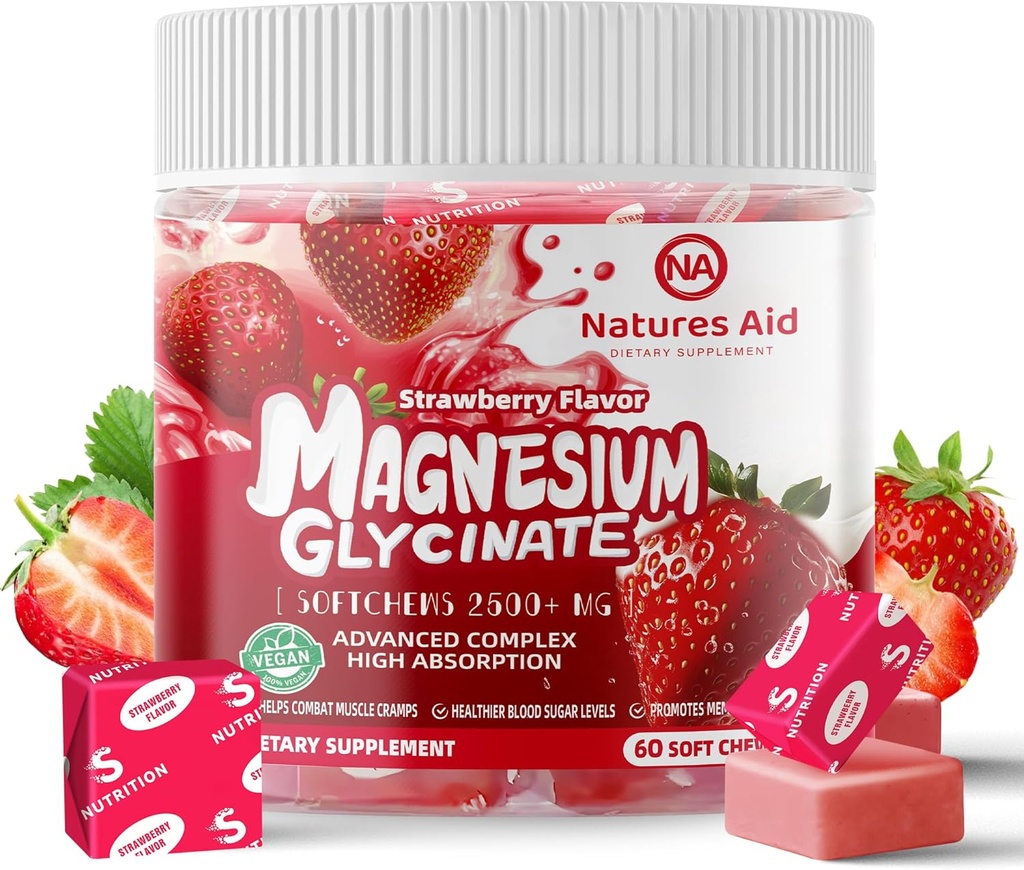 Magnesium Glycinate Soft Chews, jordgubbsmak. Tuggbar sockerfri kalium Magnesium Chews med Magnesium Glycinate, vitamin D, B6 och CoQ10 för Calm Support & Sleep för vuxna, 60 dagars leverans
