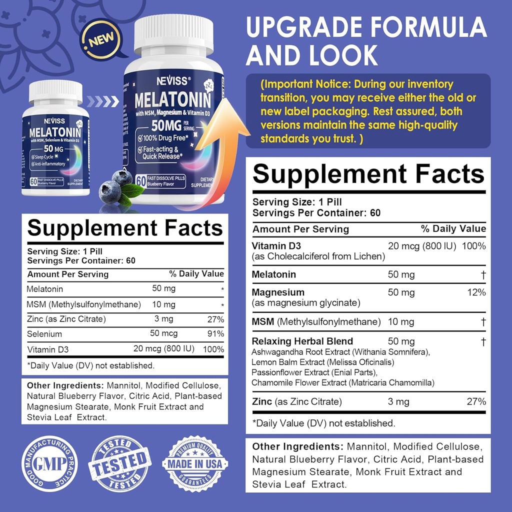 Melatonin 50 mg - Extra Strength 9-in-1 Fast Dissolve Sublingual - w/Vitamin D3 & MSM, Herbal Mix-Ashwagandha, Limon Balm, Passionflower,Chamomile,Sugar Free, Vegan 180 Xidmətləri