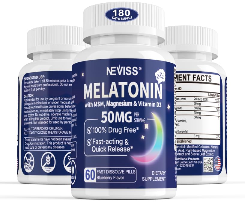 NEVISS Melatonin 50 mg for Adults - Extra Strength 9-in-1 Fast Dissolve Sublingual - High Dose with Magnesium Glycinate, Vitamin D3, Ashwagandha, Lemon Balm, Chamomile, Sugar Free, Vegan 180 Tablets