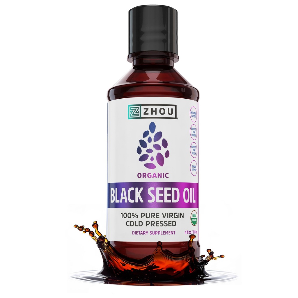 ZHOU Organic Black Seed Oil - Black Cumin Seed Oil Cold Pressed, Nigella Sativa, Pure Unrefined Blackseed Liquid, Premium Supplement for Health with Thymoquinone, Omega 3 6 9-4 Fl Oz (Pack of 1)