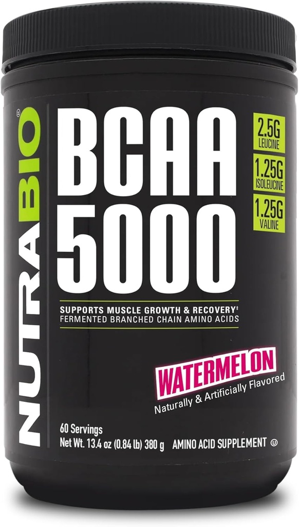 NutraBio BCAA 5000 Milteliai - Vegan Fermented BCAA - Palaiko raumenų augimą, Atkūrimą, Endurance - 60 Servings - Watermelon