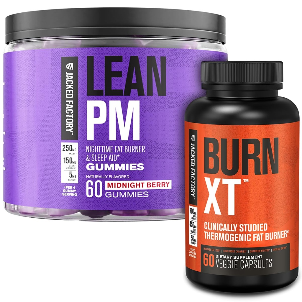 Jacked Factory Burn-XT Clinically Studied Fat Burner & Weight Loss Supplement (60 Capsules) Lean PM Weight Loss Gummies (60 Gummies)