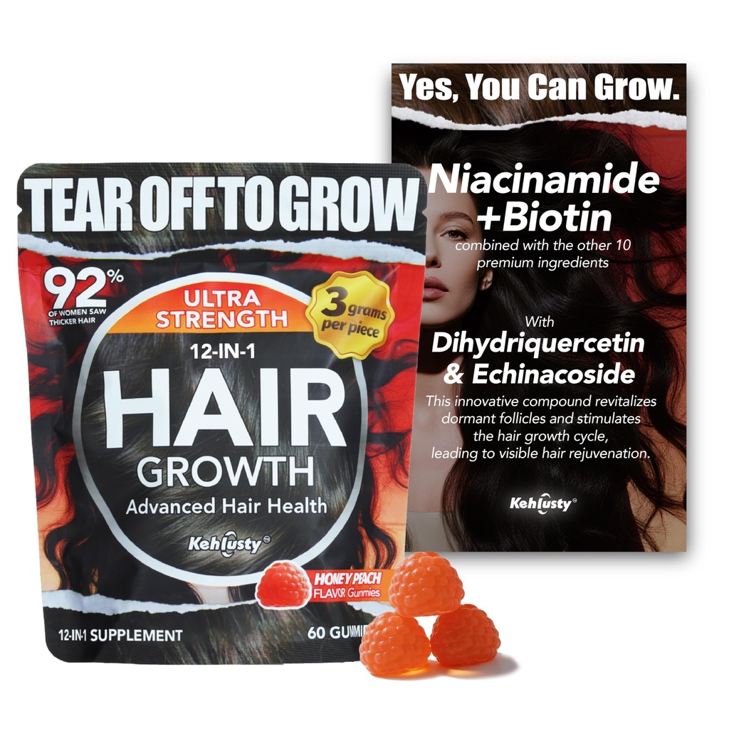 Biotin Gummies for Hair Growth - 10-in-1 Ultra Strength for Thicker Hair, Reduced Shedding - Collagen Infused for Women & Men - 60 Honey Peach Gummies