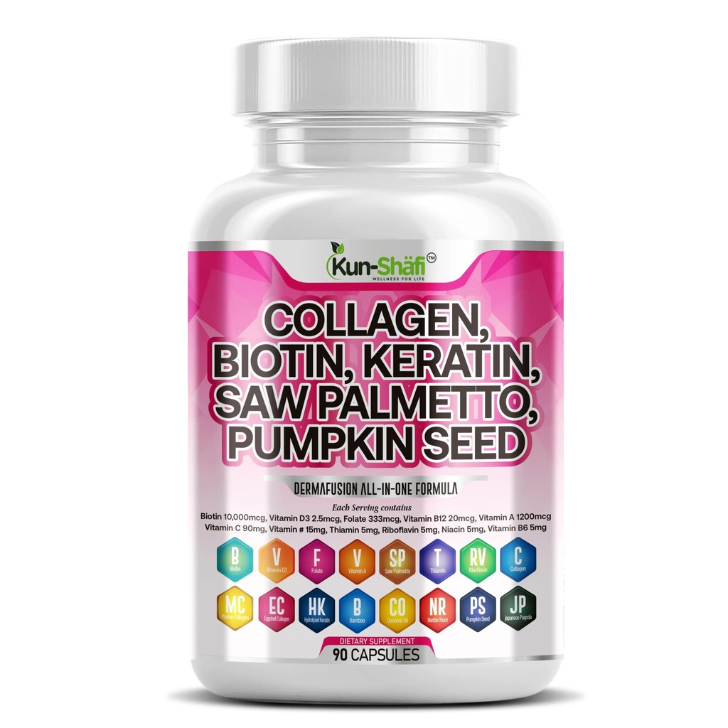 Collagen Complex with Biotin 10000mcg, Keratin, Saw Palmetto & Hyaluronic Acid – Hair, Skin & Nails Vitamins for Women & Men with Pumpkin Seed, Vitamin A,B12,E,C,ED3,B2 & Zinc – 90 Ct