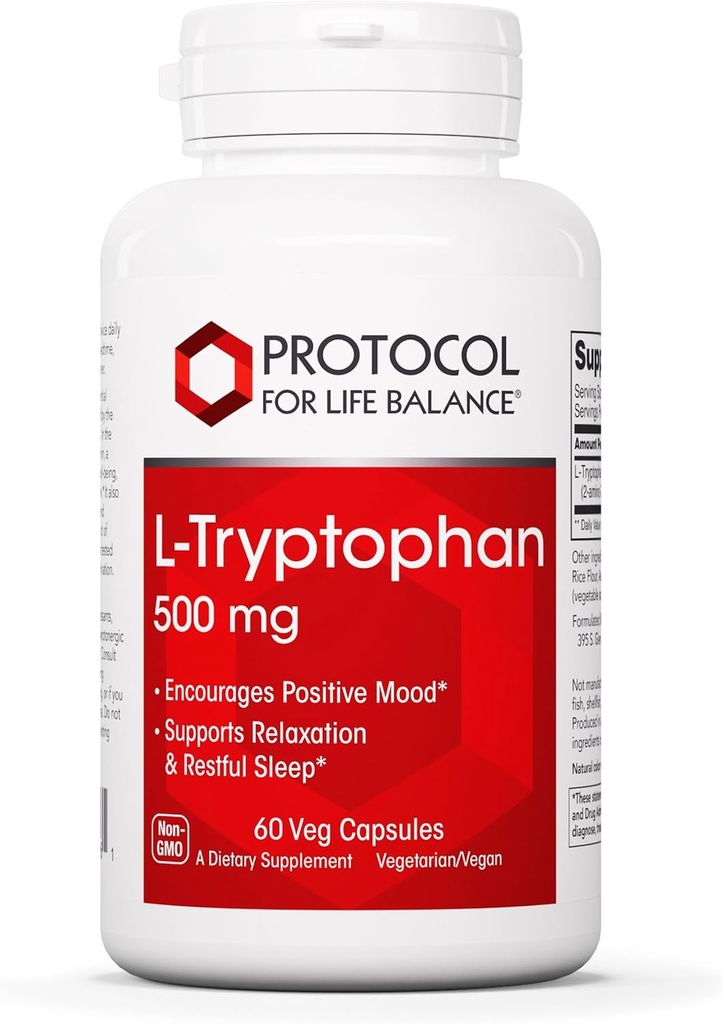PROTOCOLO PARA A VIDA BALANCE L-Tryptophan 500mg - Alívio de Stress e Relaxação - 60 Veg Caps