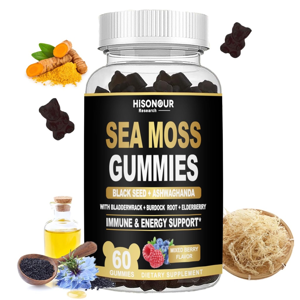 Sea Moss Gummies with Black Seed Oil, Ashwagandha, Ginger, Irish Sea Moss for Immune & Energy Support, Mixed Berry Flavor, Vegan, 60 Count