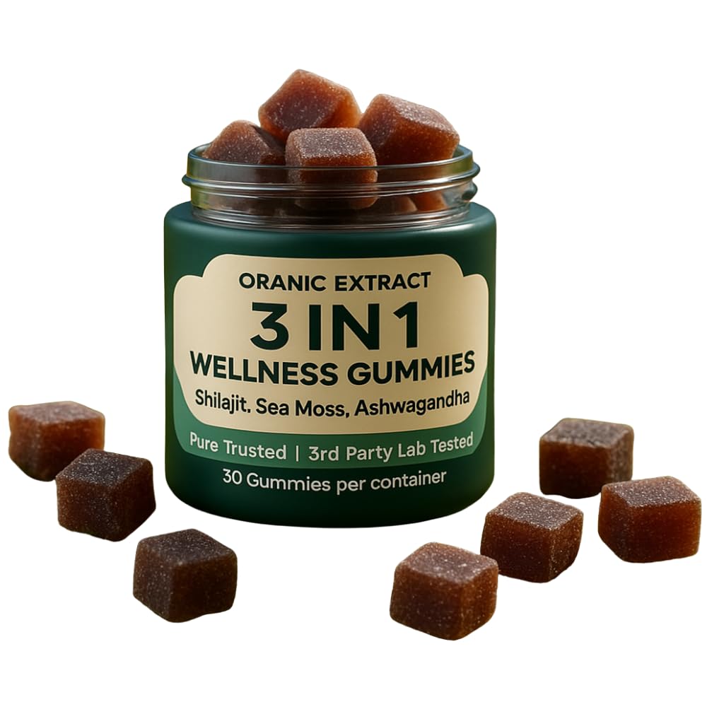 3IN1 Shilajit Wellness Gummies, Ashwagandha, Sea Moss, Energy & Immune Support for Man & Women, Trace Mineral & Fulvic Acid Rich, Organic, Vegan, Non-GMO, 30 Gummies