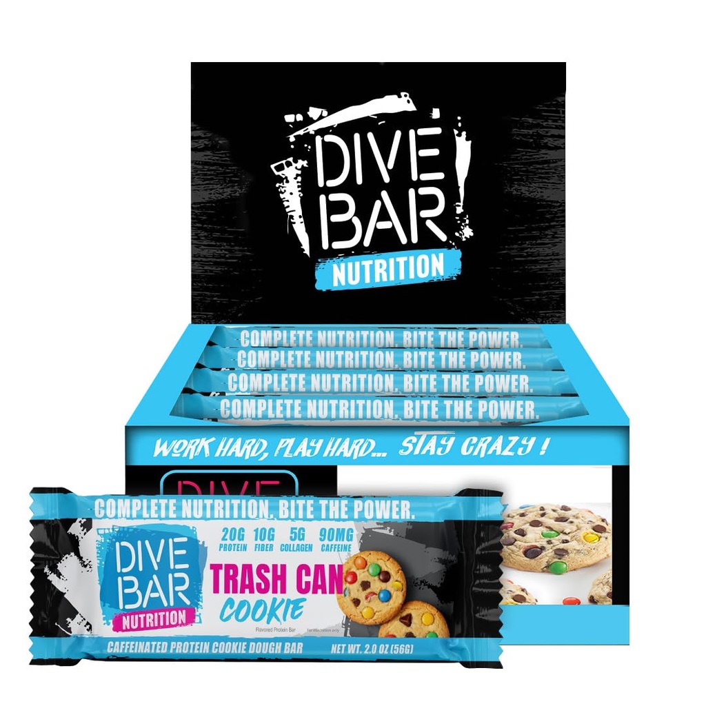 Dive Bar Nutrition Protein Bars | High Protein, High Fiber + 90mg Caffeine | High-Protein Energy Snack | 12 Count (Trash Can Cookie)