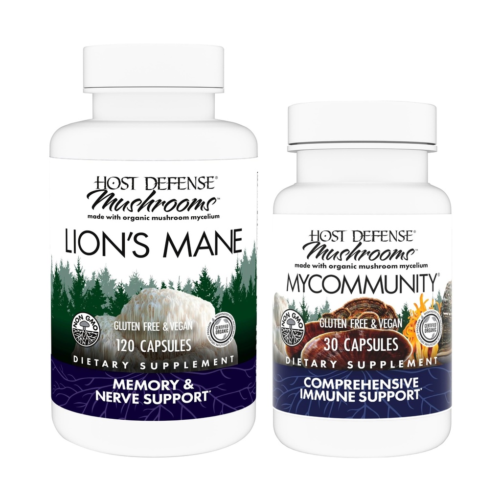 Host Defense Bundle with Lion's Mane Capsules, 120 Count & MyCommunity Capsules, 30 Count - Support Brain Health, Memory & Focus - Support Immune Health with 17 Species Mushroom Blend*