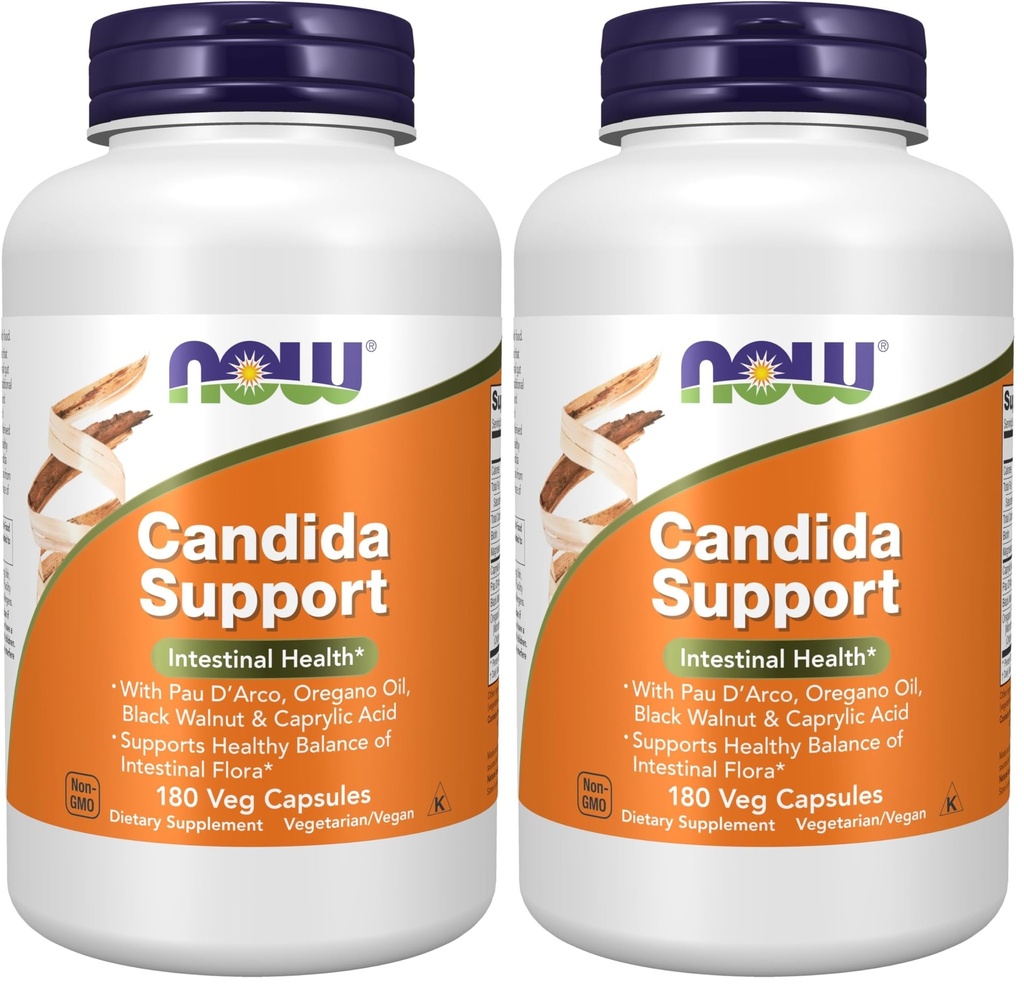 NOW Foods Supplements,Candida Support with PAU D'Arco,Oregano Oil,Black Walnut & Caprylic Acid,180 Veg Capsules,(Pack of 2)