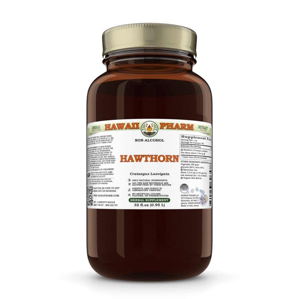 Hawaii Pharm Hawthorn Alcohol-Free Extract, Glycerite for Heart Wellness, Supports Circulation, Promotes Lipid Balance, Antioxidant Rich, Boosts Immune Strength - 32 fl.oz