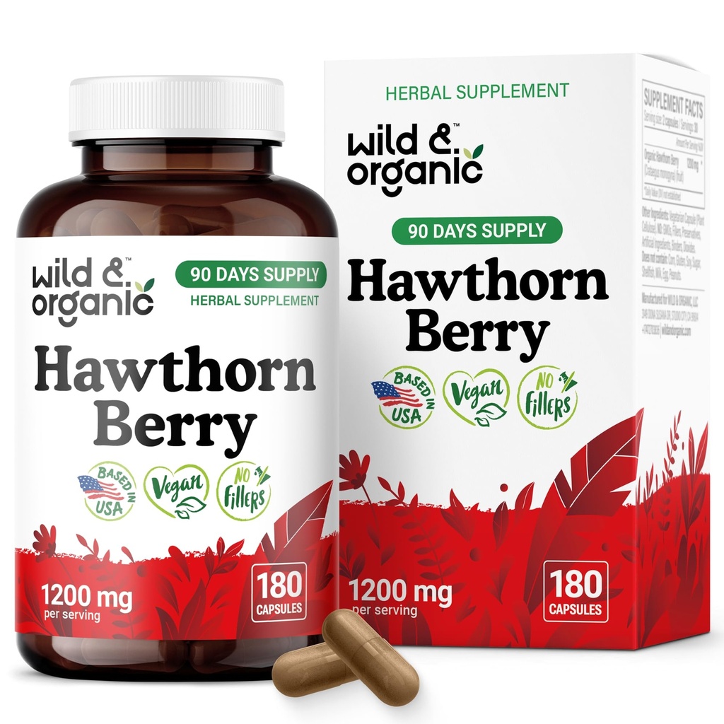 Wild & Organic Hawthorn Berry Capsules 1200 mg - Overall Support - Hawthorn Berry Powder Supplement - Crataegus Monogyna Fruit - 90 Days of Supply - Vegan, No Fillers, Non-GMO - 180 Count
