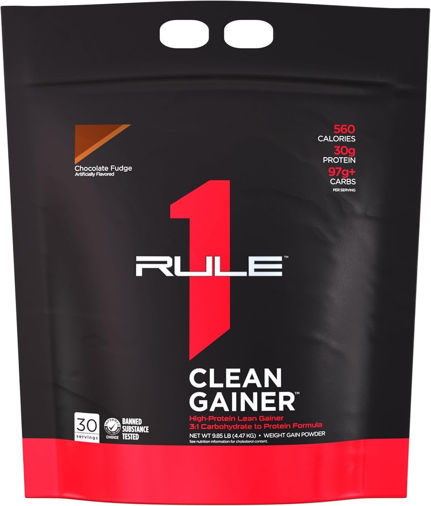 Rule 1 Clean Gainer - High-Protein Lean Gain Formula con 560 calorías, 30g de proteína Full-Spectrum, Sobre 90g de hidratos de carbono, Baixo 6g de graxa (30 porcións, Chocolate Fudge)