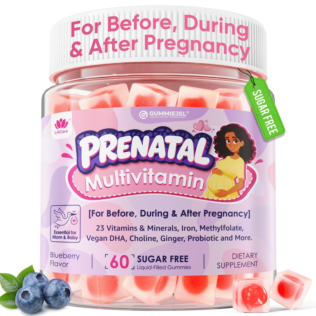 Prenatal Vitamins for Women, Prenatal Multivitamin Gummies + Methylfolate, Iron, Omega-3, Choline, Ginger, Probiotic, Vitamin A C D3 B6 B12 for Before, During & After Pregnancy, NO Sugar, Vegan, 60Cts