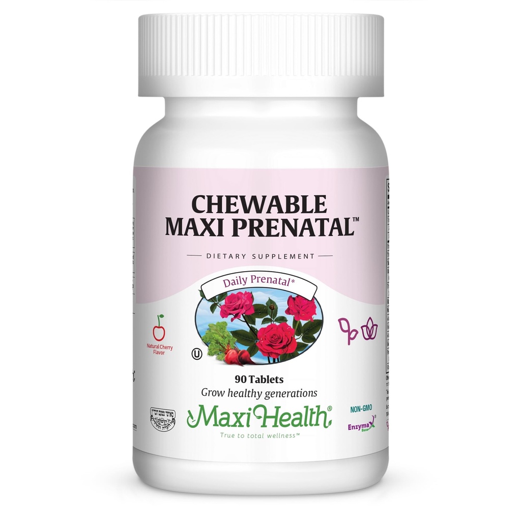 Maxi Health Chewable Prenatal Vitamins for Women – Prenatal with Iron, Biotin, Pantothenic Acid, & Magnesium – Kosher, Cherry Flavor Pregnancy Vitamins – 90 Tablets