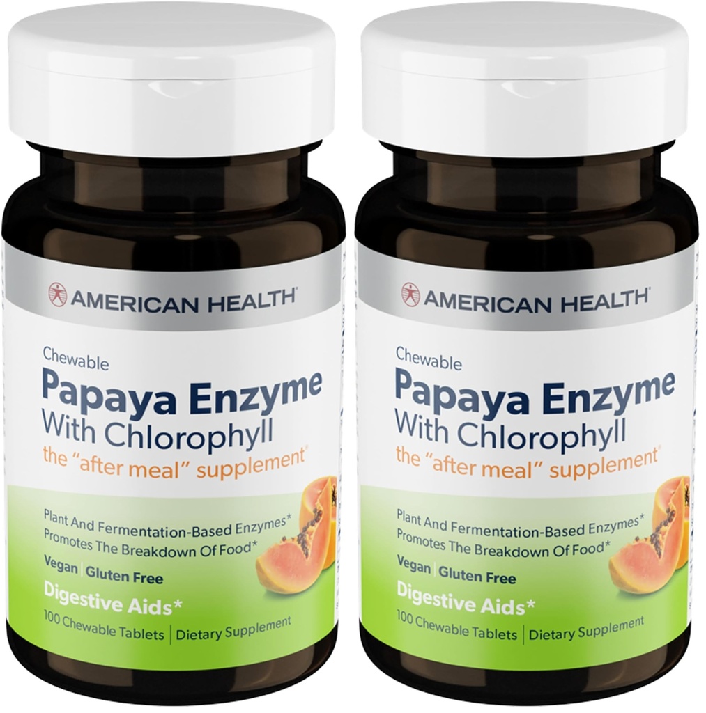 American Health Papaya Enzyme with Chlorophyll Chewable Tablets Promotes Nutrient Absorption, Helps Digestion and Freshens Breath, Gluten-Free, Vegetarian - 100 Count (Pack of 2)