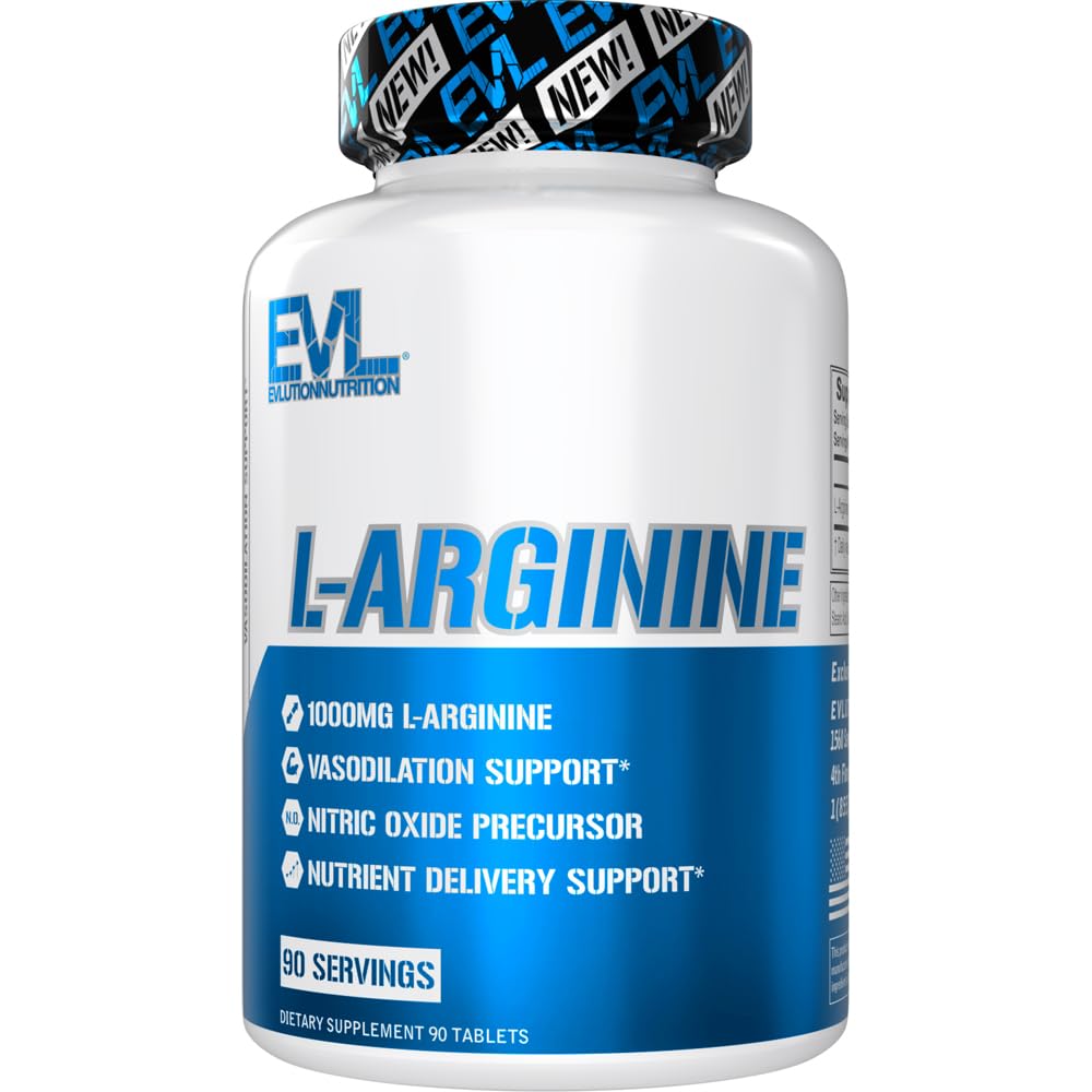 Evlution Nutrition L-Arginine - Supports Vasodilation & Nutrient Delivery - Nitric Oxide Precursor - 1000mg L-Arginine Per Serving - Promotes Muscle Pumps - Gluten Free - Non-GMO - 90 Servings