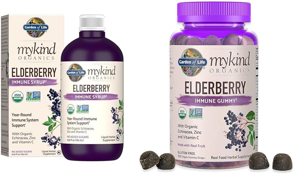 Livshage Organics Plantebasert Eldrebær Immun Syrup 6.59 fl oz & Organics Elderbær Gummies for voksne og barn