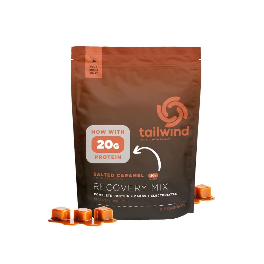 Tailwind Nutrition Recovery Mix, 20 Grams Complete Protein, Carbohydrates, and Electrolytes Powder Drink Mix for Post-Workout, Free of Gluten, Soy, and Dairy, Vegan, 20 Servings, Salted Caramel