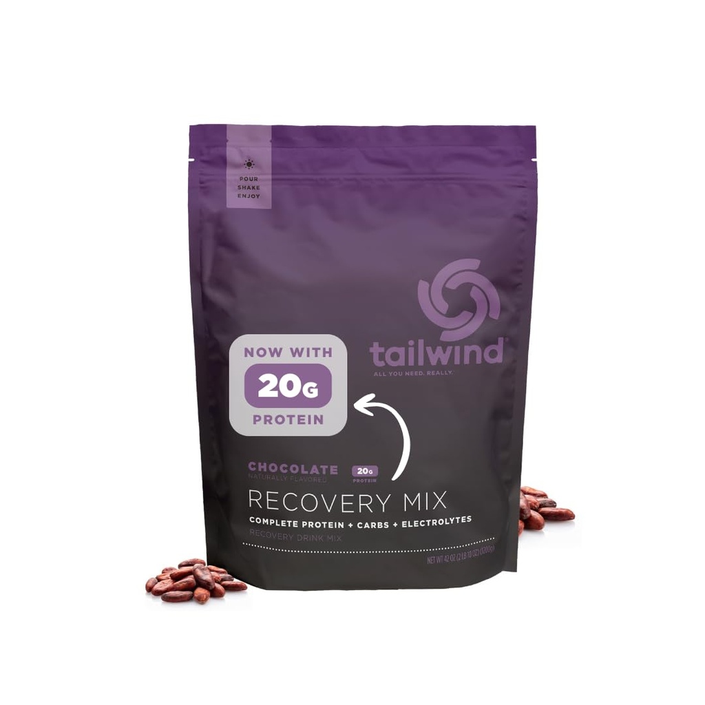 Tailwind Nutrition Recovery Mix, 20 Grams Complete Protein, Carbohydrates, and Electrolytes Powder Drink Mix for Post-Workout, Free of Gluten, Soy, and Dairy, Vegan, 20 Servings, Chocolate