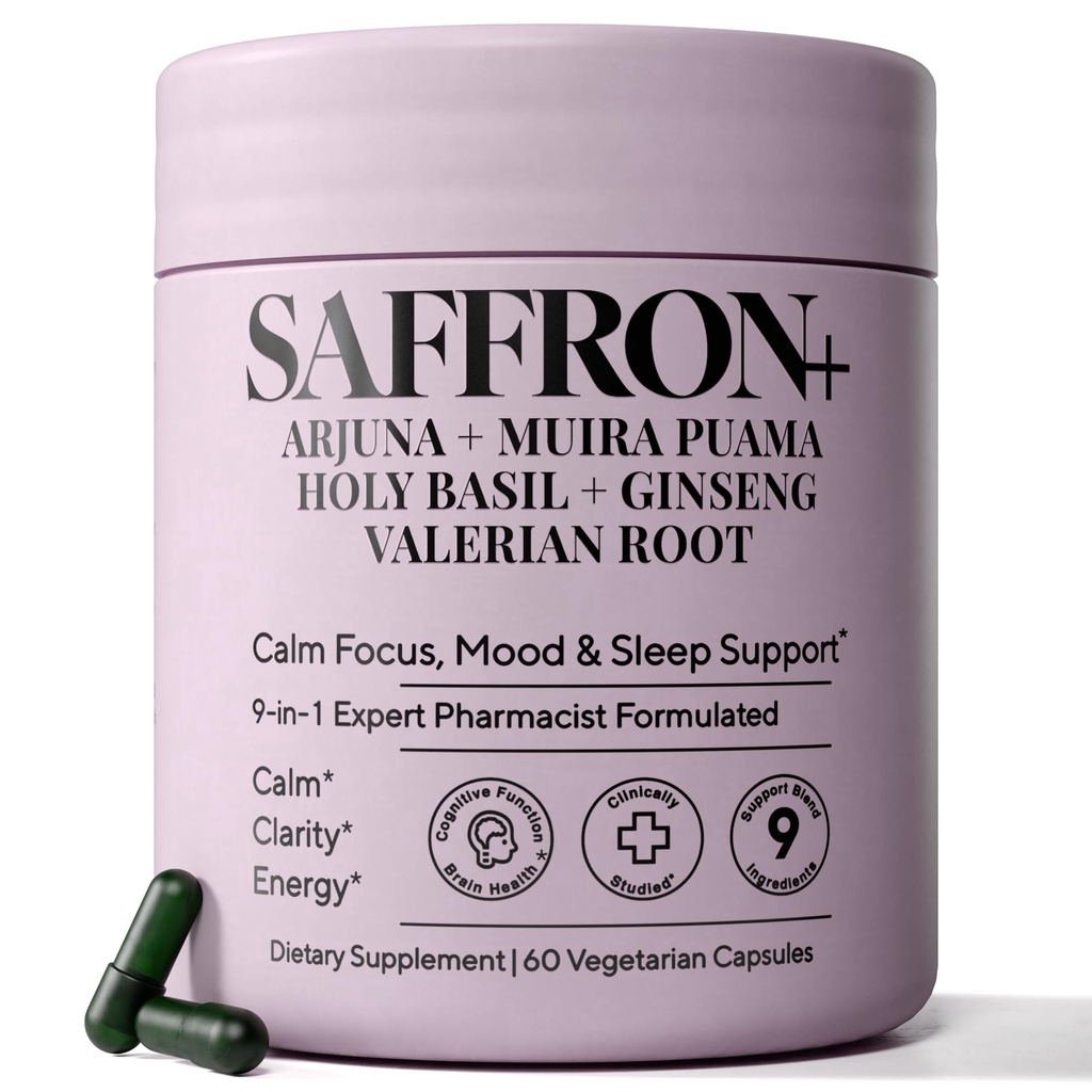 Saffron Supplement - 9-in-1 Formula with 100mg Saffron Extract, Holy Basil, Ashwagandha & Magnesium Glycinate - Supports Positive Mood, Emotional Balance, Calm Focus & Daily Energy - 60 Capsules