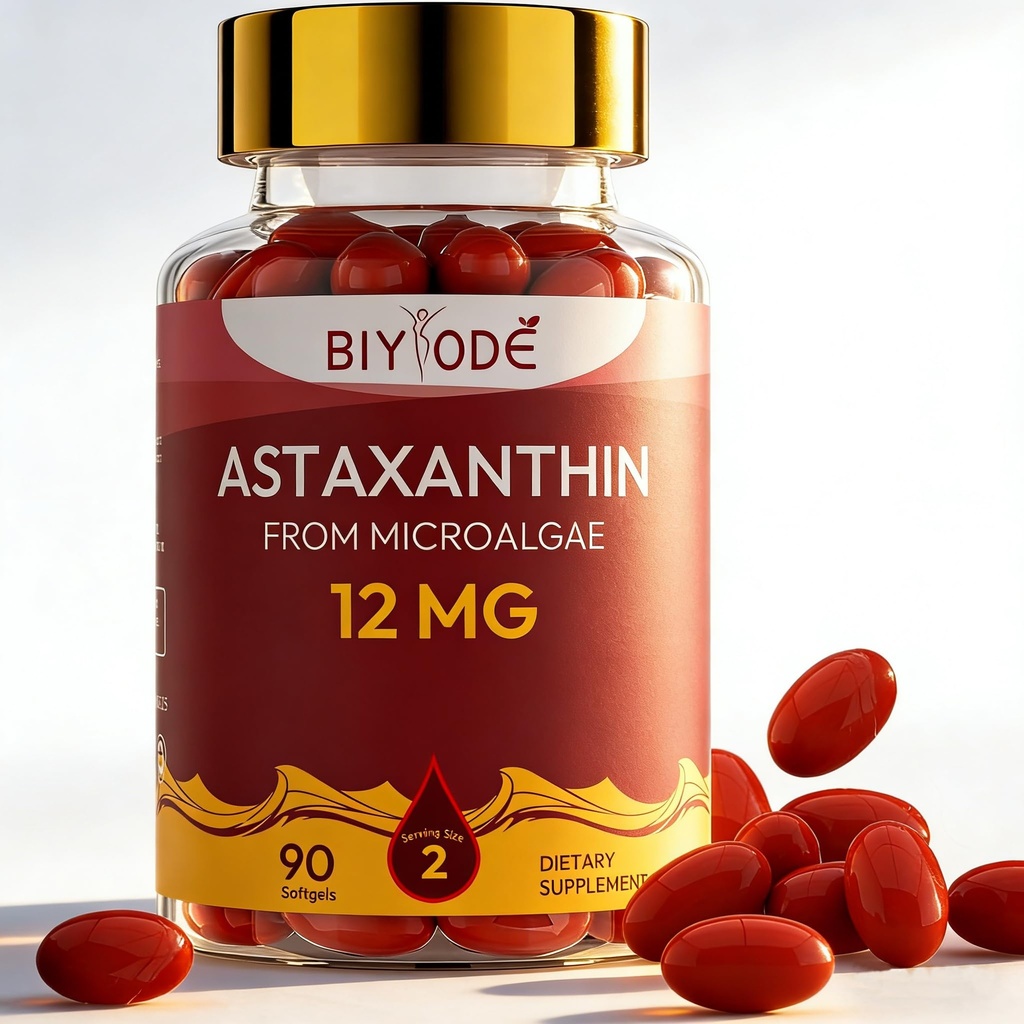 Astaxanthin 12mg Softgels – High Potency Antioxidant Supplement from Microalgae – Supports Skin Health, Heart Function, Circulation & Immune System – 90 Softgels