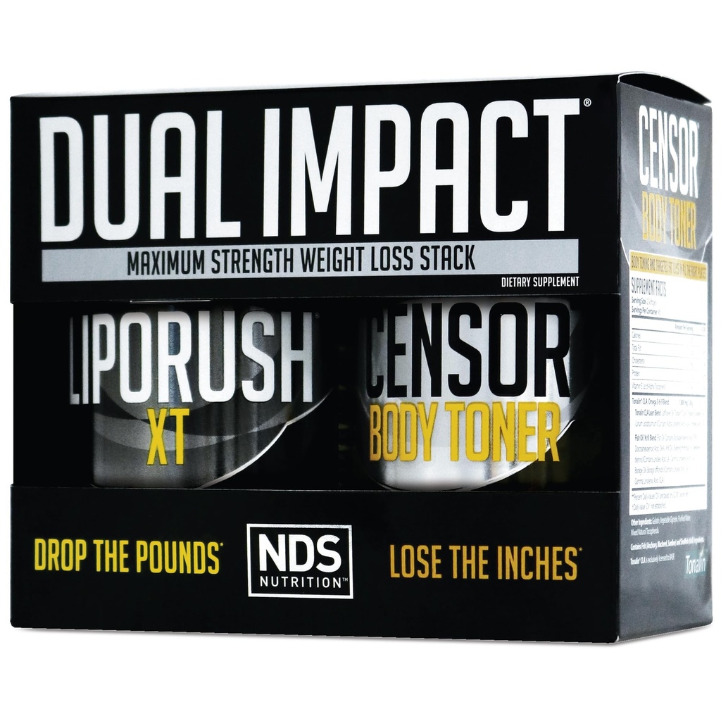 LIPORUSH NDS Nutrition Maximum Strength Dual Impact Stack - Powerful 2-in-1 Weight Loss Kit Combines High Energy Fat-Burning XT Thermogenic with Premium CLA Censor Body Toner (60 Caps & 90 Softgels)