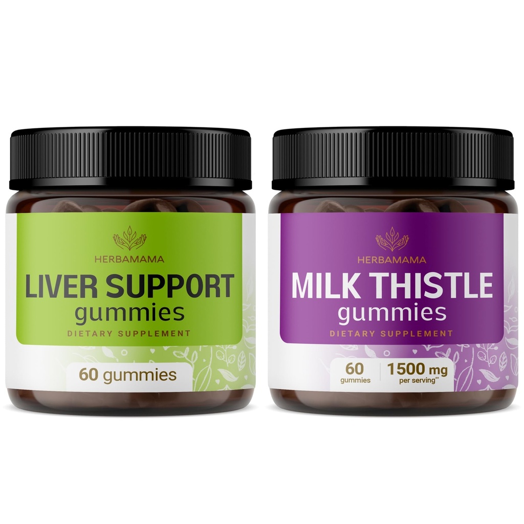 HERBAMAMA Liver Support and Milk Thistle Kit - Bundle of Liver Support Complex & 1500mg Milk Thistle Gummies - Vegan, Non GMO, Gelatin-Free - 2 Pack