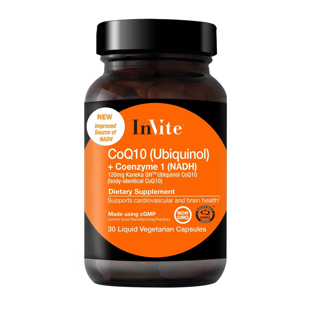 Invite Health CoQ10 (Ubiquinol) and NADH - Coenzyme Supplement Supports Cardiovascular and Brain Health - Contains Kaneka Ubiquinol for Better Absorption - 30 Liquid Filled Vegetarian Capsules