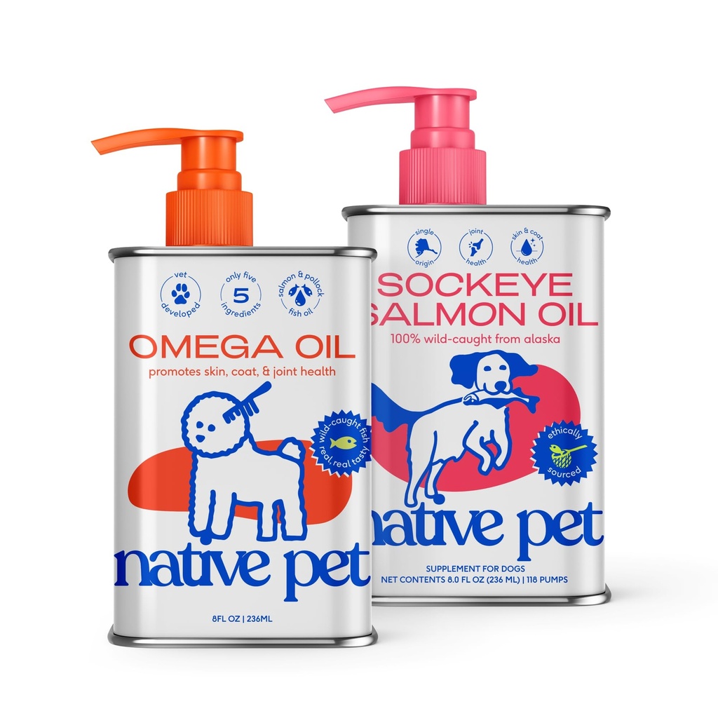 Native Pet Omega 3 Fish Oil (8 Oz.) & Sockeye Salmon Oil for Dogs (8 Oz.) - Promotes Healthy Skin, Shiny Coat, & Strong Joints - Made with Wild Alaskan Salmon for Dogs–Fast-Absorbing Omega 3 6 9