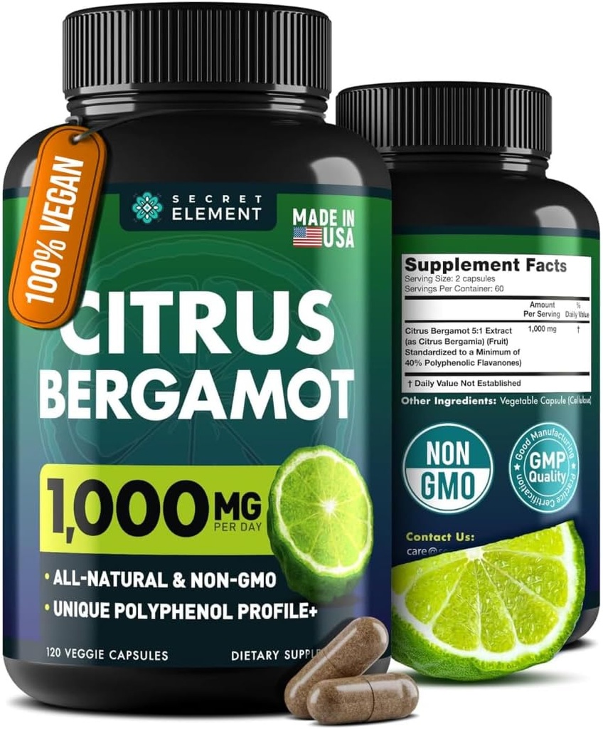 Citrus Bergamot 추출물 1000mg - 심장, 면역 시스템 지원 및 건강한 노화를위한 Citrus Bergamot 보충 - 순수, Vegan Bergamot 캡슐
