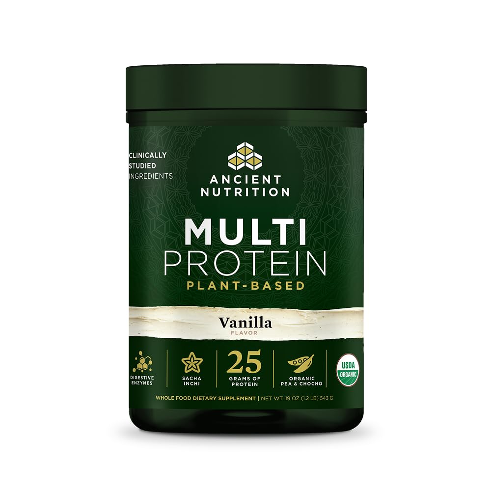 Ancient Nutrition Organic Multi Protein Plant Based Powder, 25g Protein, Hydrolyzed Pea Protein, Digestive Enzymes & Probiotics, Supports Muscle & Gut Health, Vanilla, 15 Servings