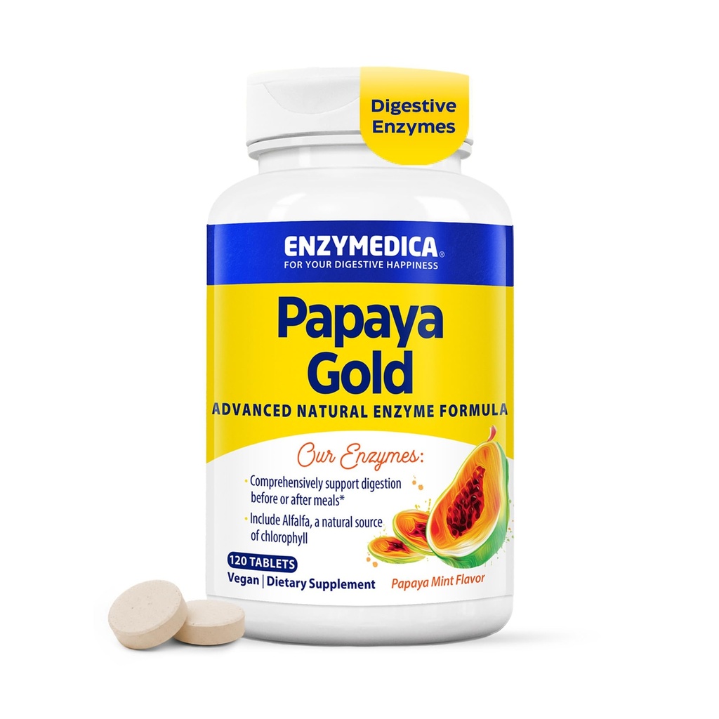 Enzymedica Papaya Gold - Papaya Enzymes Chewable, Digestive Enzyme Supplement for Women and Men, Digestion & Gut Health Support, High Potency Bromelain & Papain, Vegan, Gluten Free - 120 Tablets